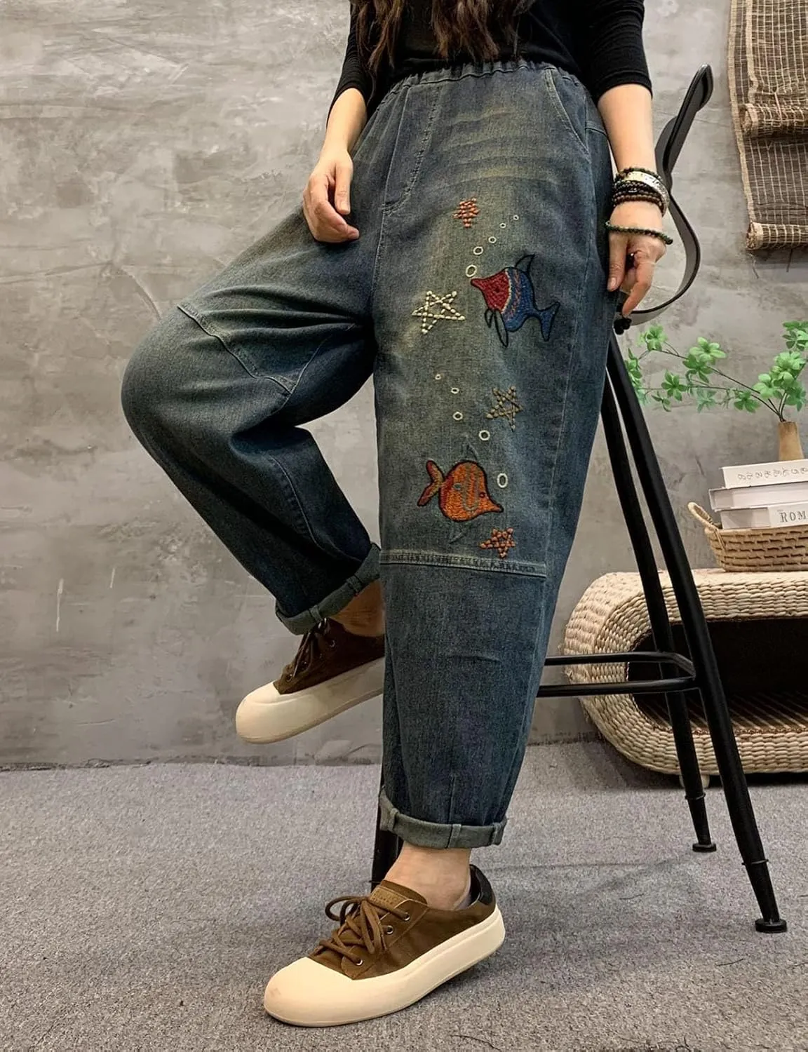 HALITOSS Women's Distressed Denim Jeans Elastic Waist Harem Cropped Pants Casual Ankle Length Trouser