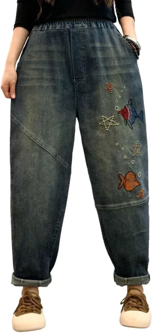 HALITOSS Women's Distressed Denim Jeans Elastic Waist Harem Cropped Pants Casual Ankle Length Trouser