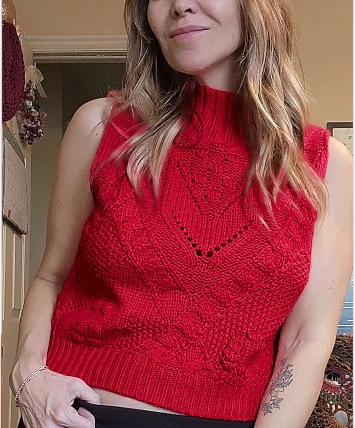 Hixiaohe Turtleneck Crochet Sweater Vest Fall Fashion Knit Sleeveless Tank Tops for Women Lightweight Casual Pullover Clothes