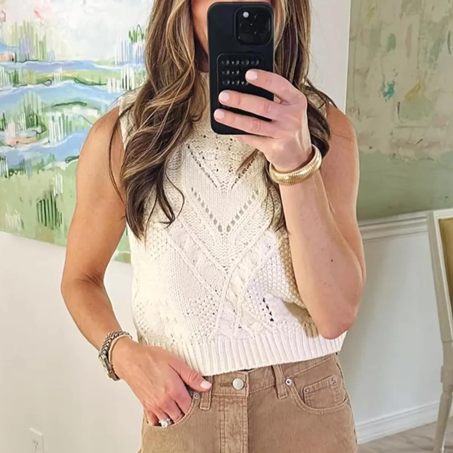 Hixiaohe Turtleneck Crochet Sweater Vest Fall Fashion Knit Sleeveless Tank Tops for Women Lightweight Casual Pullover Clothes