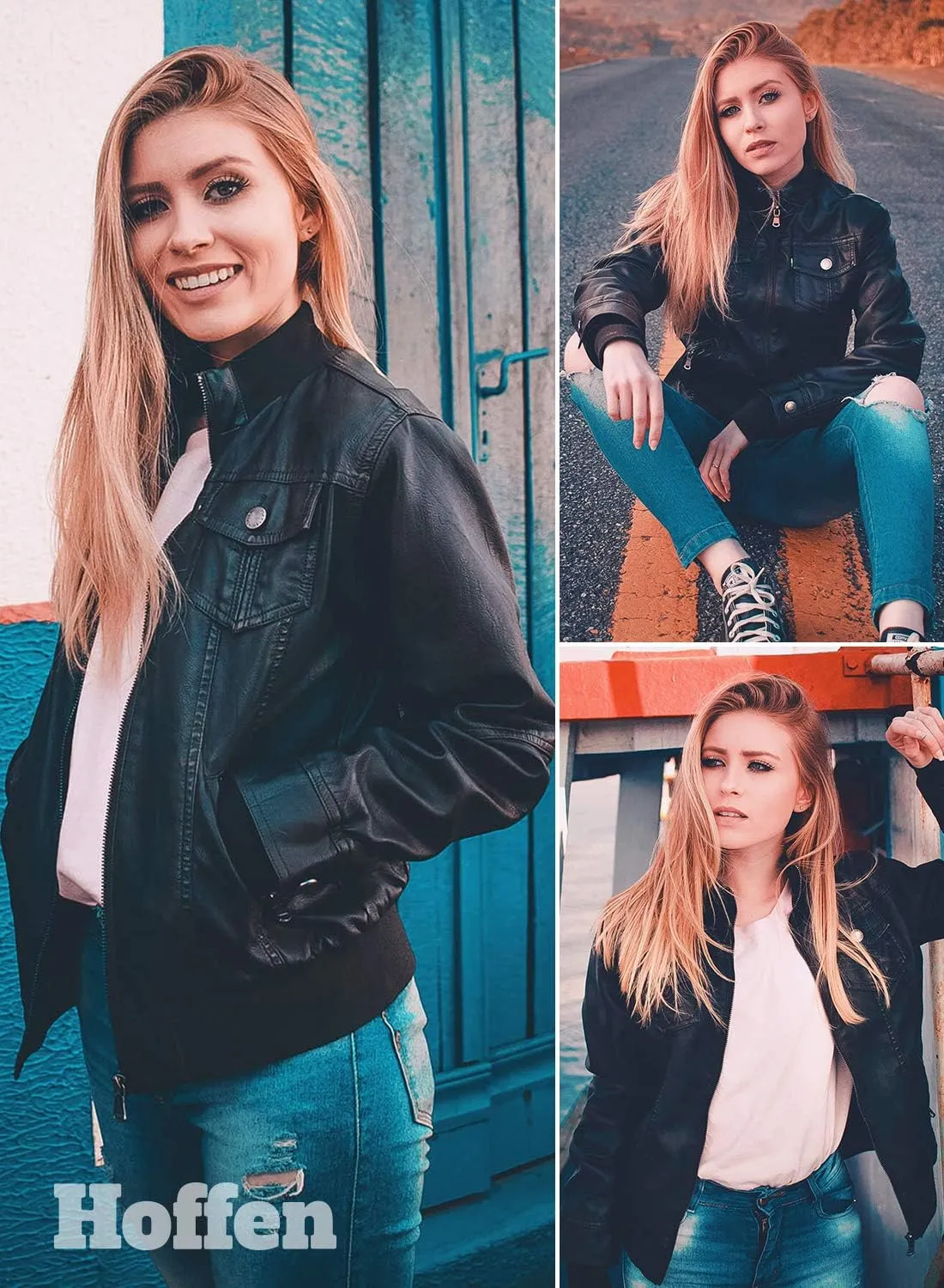 Hoffen Premium Vegan Leather Jacket for Women with Detachable Hood - Seitig Model