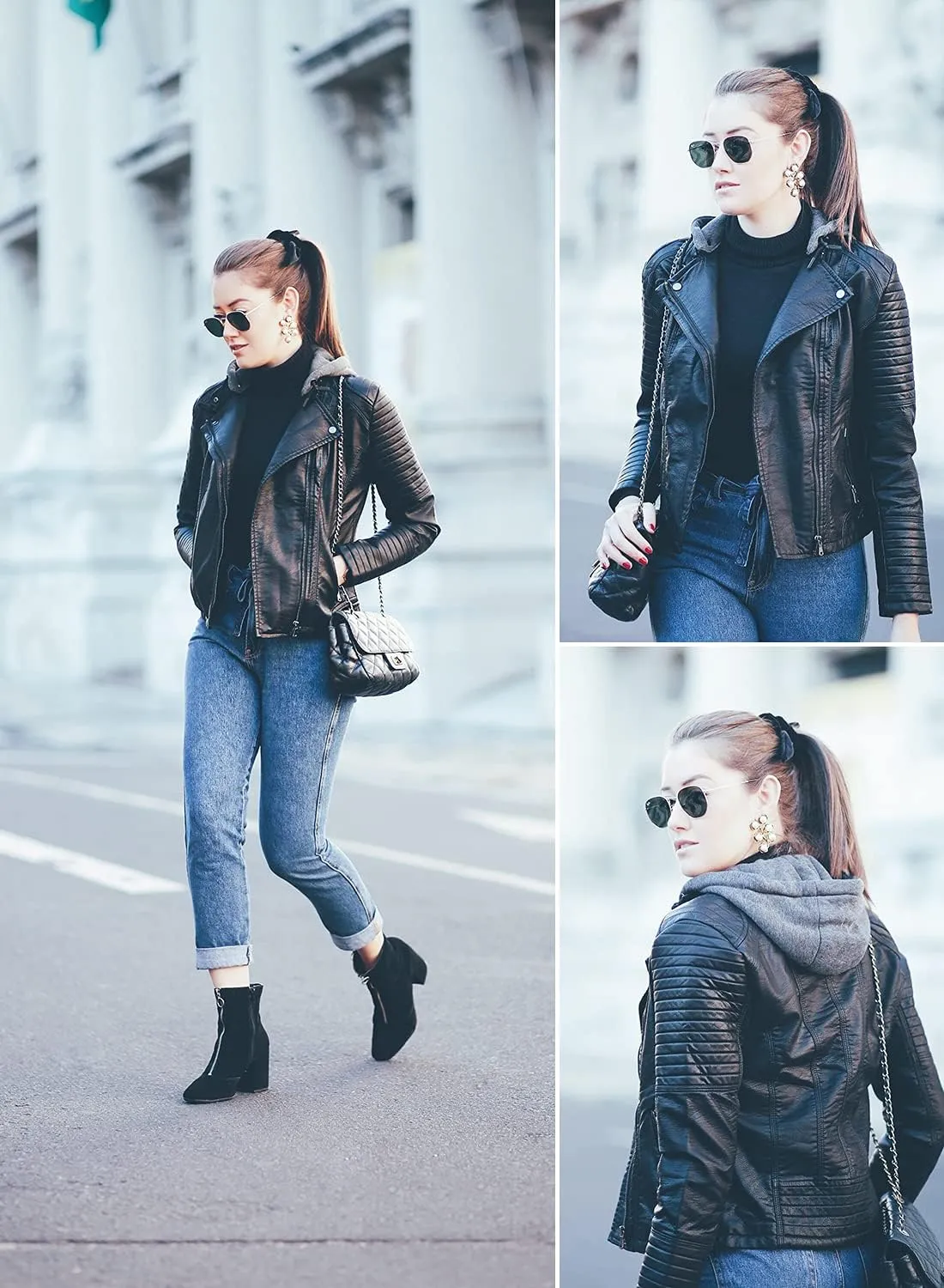 Hoffen Premium Vegan Leather Jacket for Women with Detachable Hood - Seitig Model