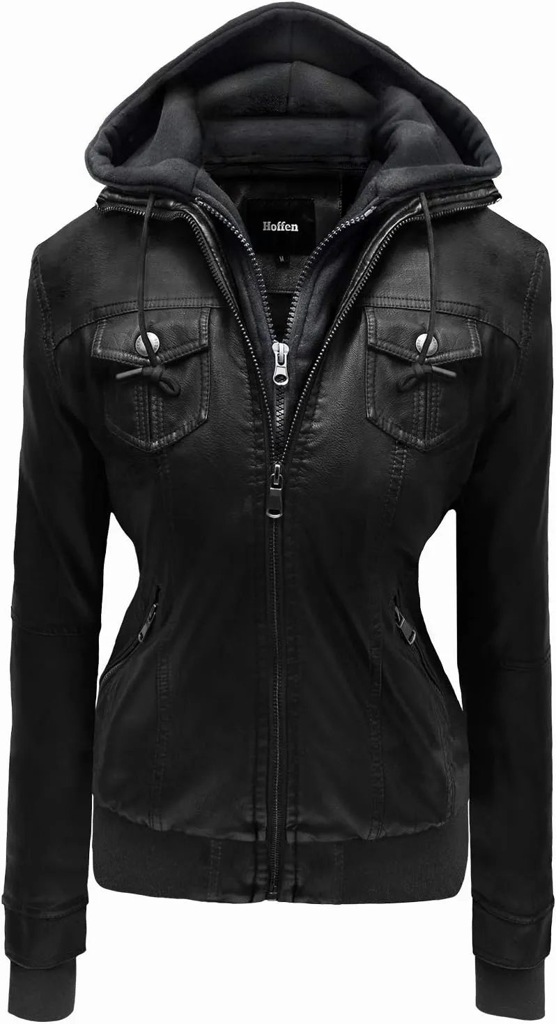 Hoffen Premium Vegan Leather Jacket for Women with Detachable Hood - Seitig Model