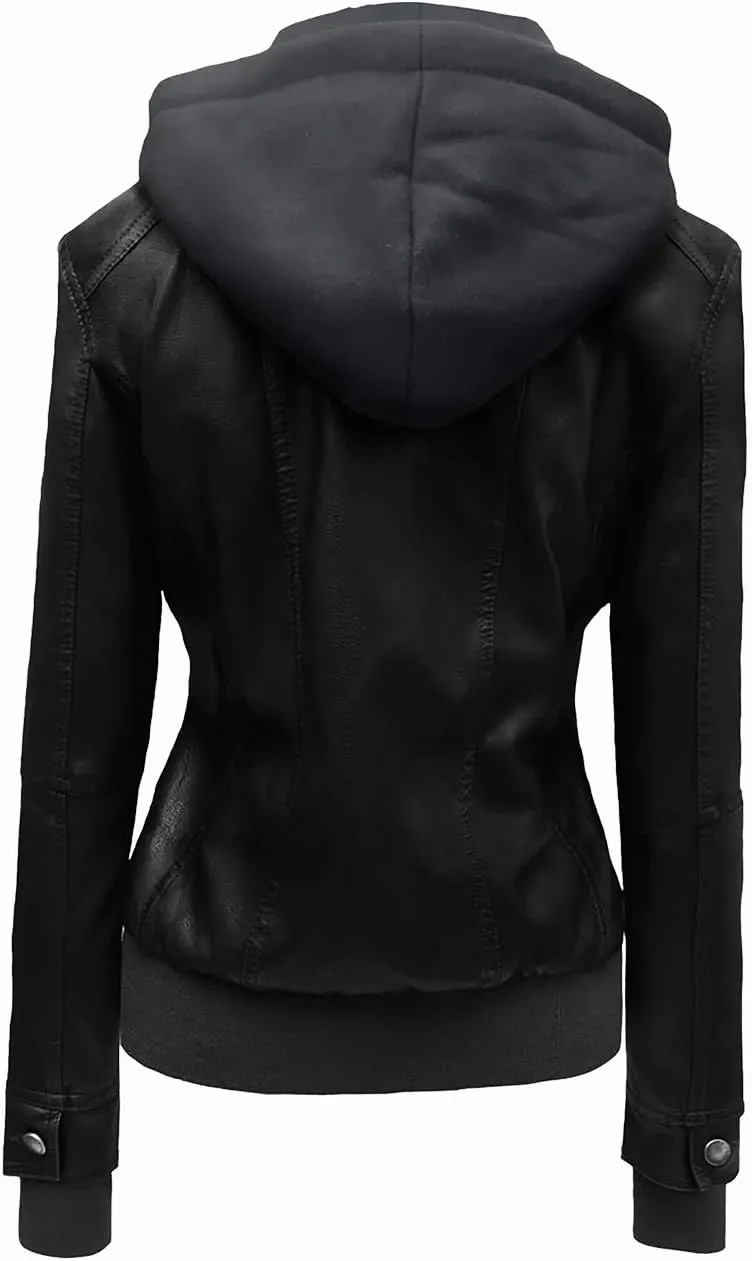 Hoffen Premium Vegan Leather Jacket for Women with Detachable Hood - Seitig Model