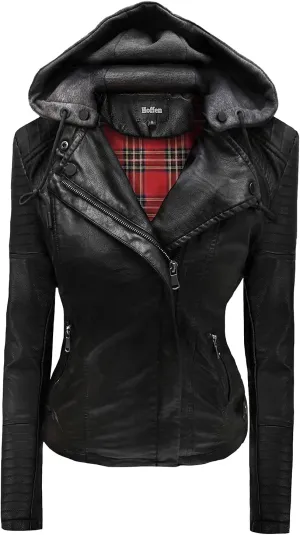 Hoffen Premium Vegan Leather Jacket for Women with Detachable Hood - Seitig Model