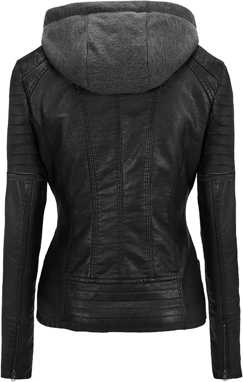 Hoffen Premium Vegan Leather Jacket for Women with Detachable Hood - Seitig Model