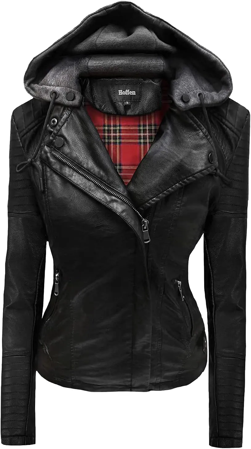 Hoffen Premium Vegan Leather Jacket for Women with Detachable Hood - Seitig Model
