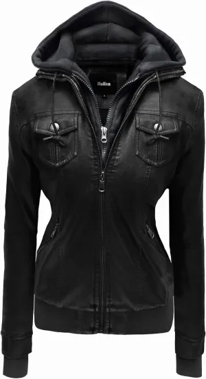Hoffen Premium Vegan Leather Jacket for Women with Detachable Hood - Seitig Model