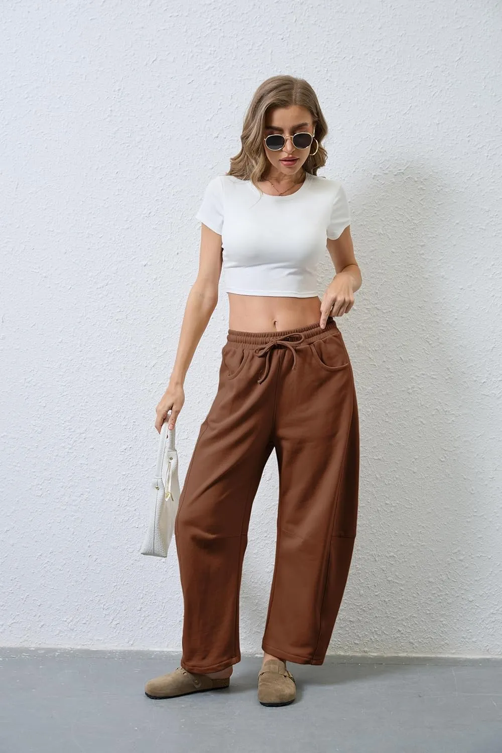 Hongsui Women's Barrel Leg Pants Elasticated Waistband Soft Wide Leg Pants with Pockets Casual Sweatpants