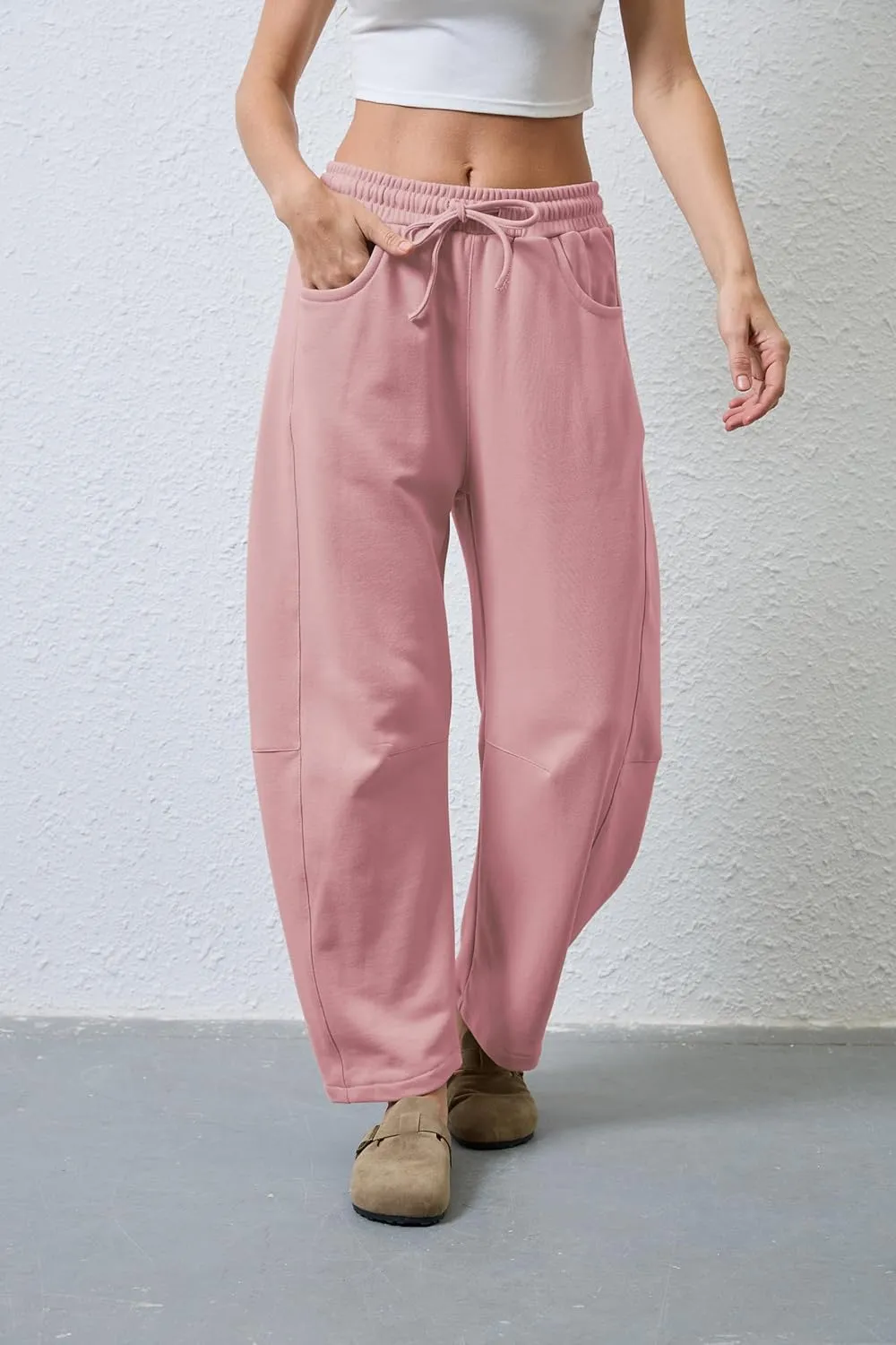 Hongsui Women's Barrel Leg Pants Elasticated Waistband Soft Wide Leg Pants with Pockets Casual Sweatpants