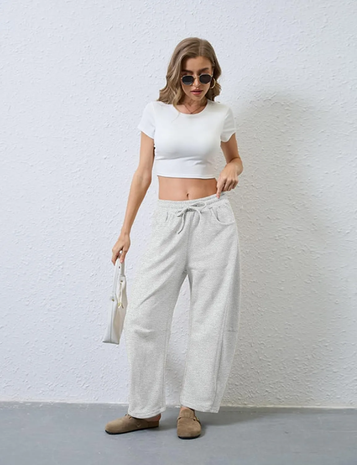 Hongsui Women's Barrel Leg Pants Elasticated Waistband Soft Wide Leg Pants with Pockets Casual Sweatpants