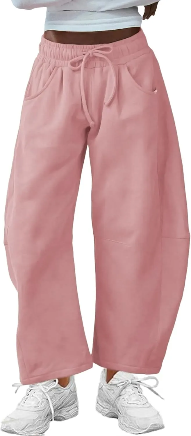 Hongsui Women's Barrel Leg Pants Elasticated Waistband Soft Wide Leg Pants with Pockets Casual Sweatpants