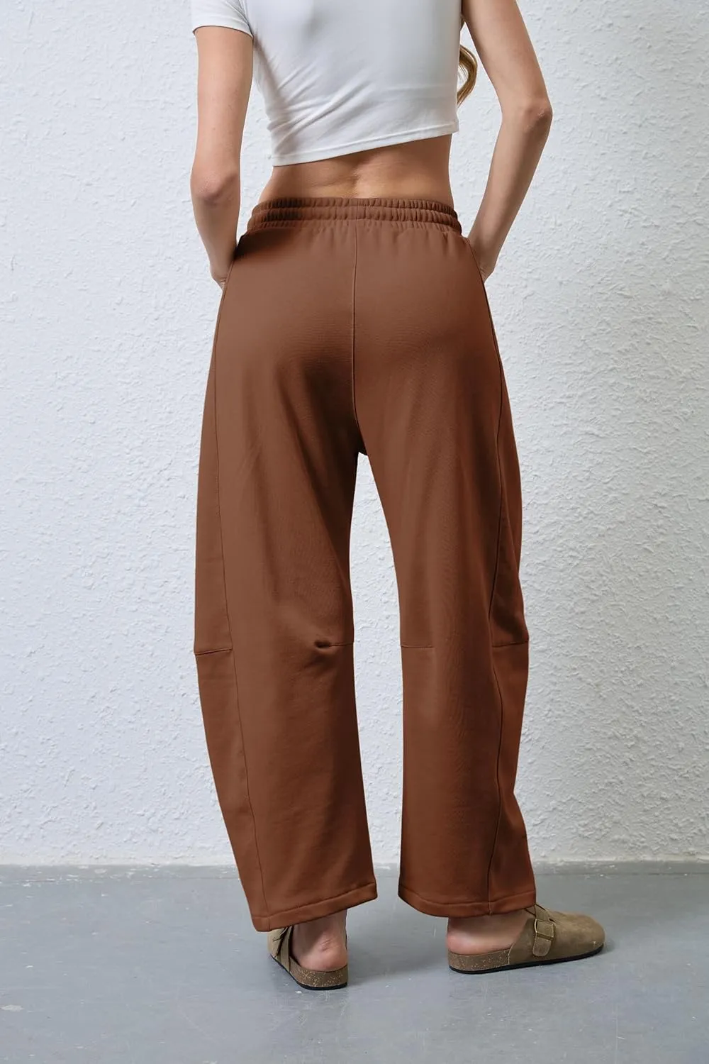 Hongsui Women's Barrel Leg Pants Elasticated Waistband Soft Wide Leg Pants with Pockets Casual Sweatpants