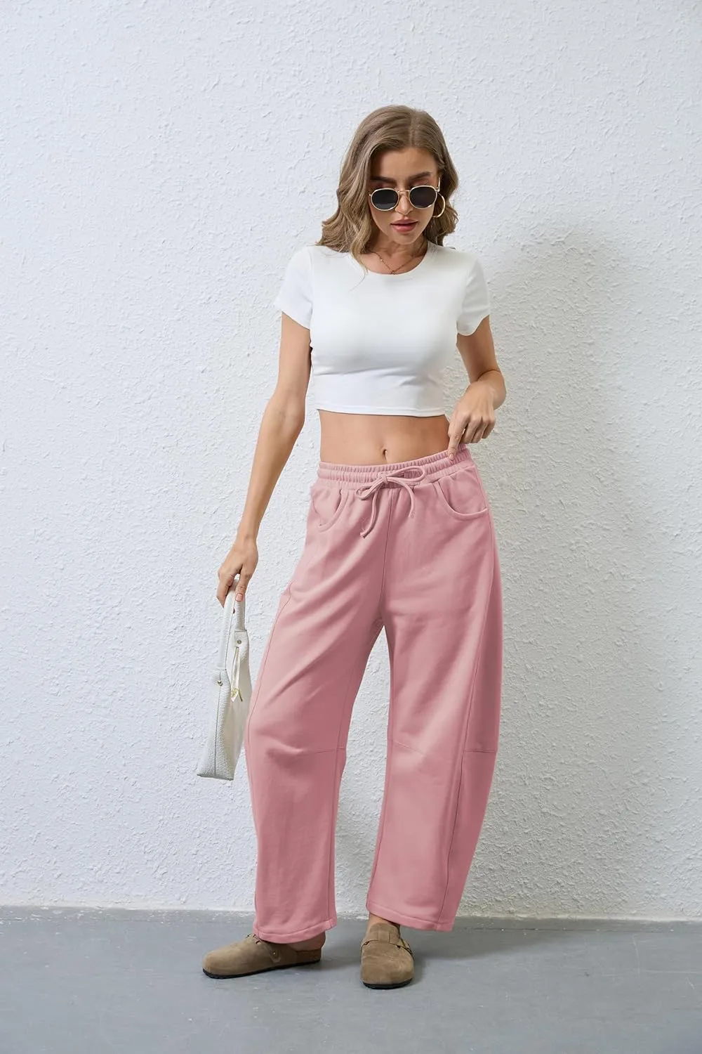 Hongsui Women's Barrel Leg Pants Elasticated Waistband Soft Wide Leg Pants with Pockets Casual Sweatpants