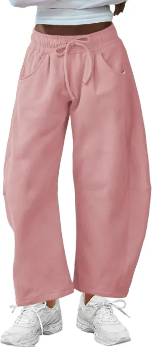 Hongsui Women's Barrel Leg Pants Elasticated Waistband Soft Wide Leg Pants with Pockets Casual Sweatpants