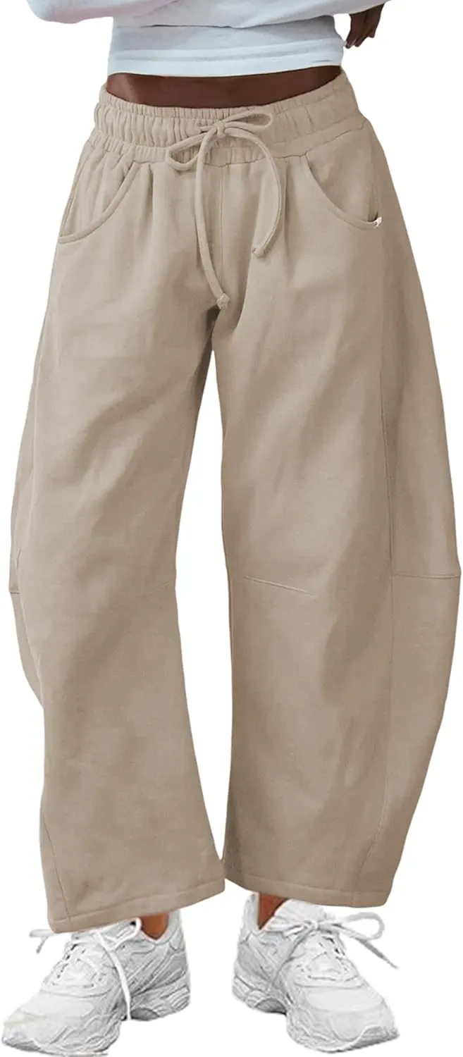 Hongsui Women's Barrel Leg Pants Elasticated Waistband Soft Wide Leg Pants with Pockets Casual Sweatpants