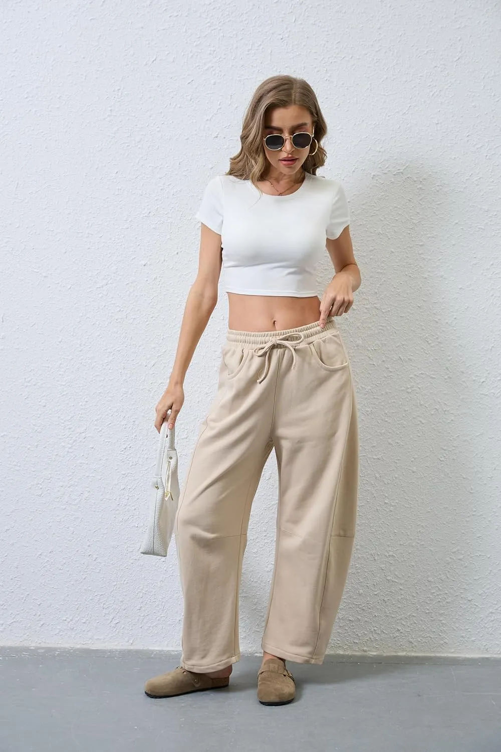 Hongsui Women's Barrel Leg Pants Elasticated Waistband Soft Wide Leg Pants with Pockets Casual Sweatpants