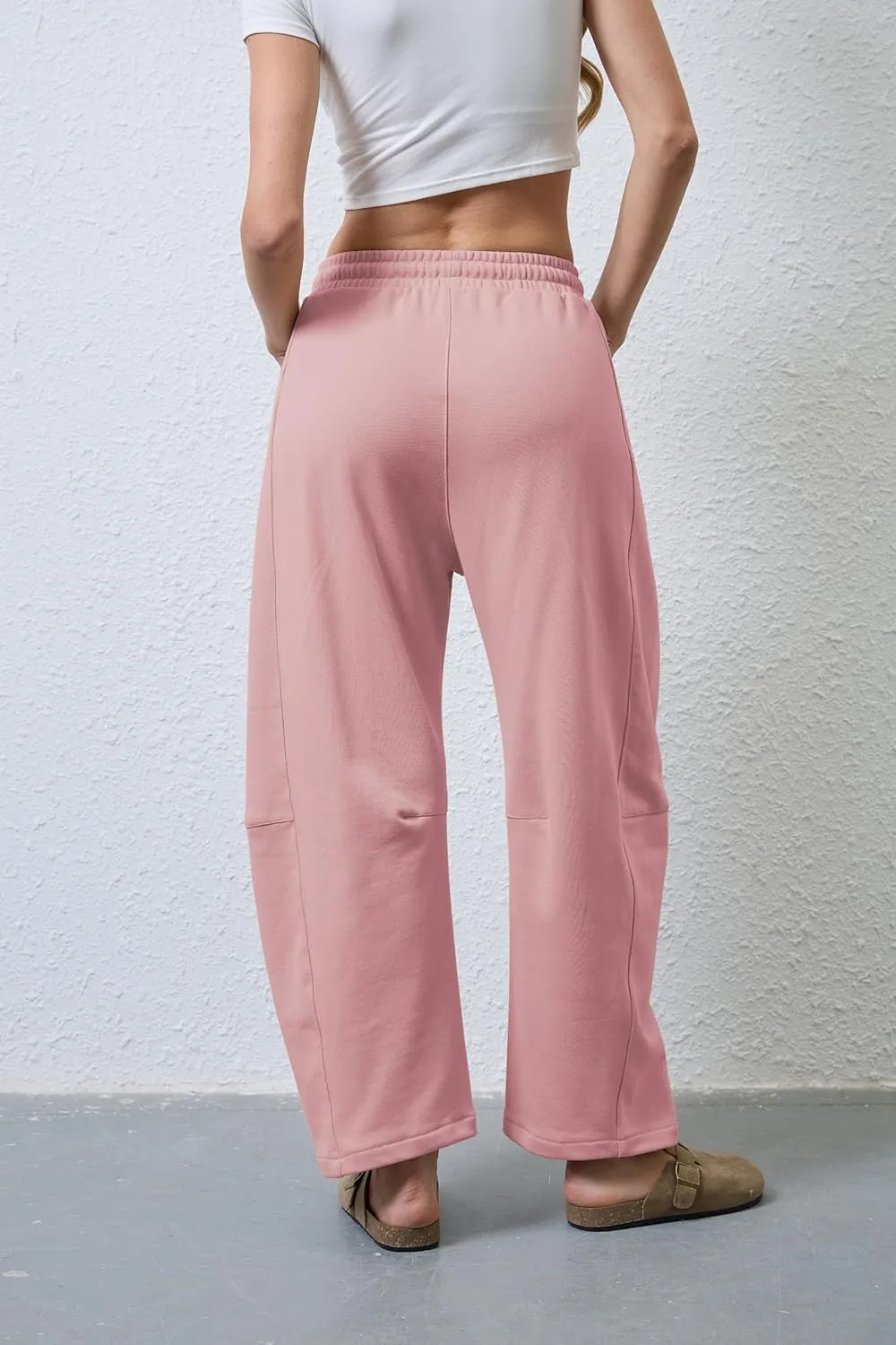 Hongsui Women's Barrel Leg Pants Elasticated Waistband Soft Wide Leg Pants with Pockets Casual Sweatpants
