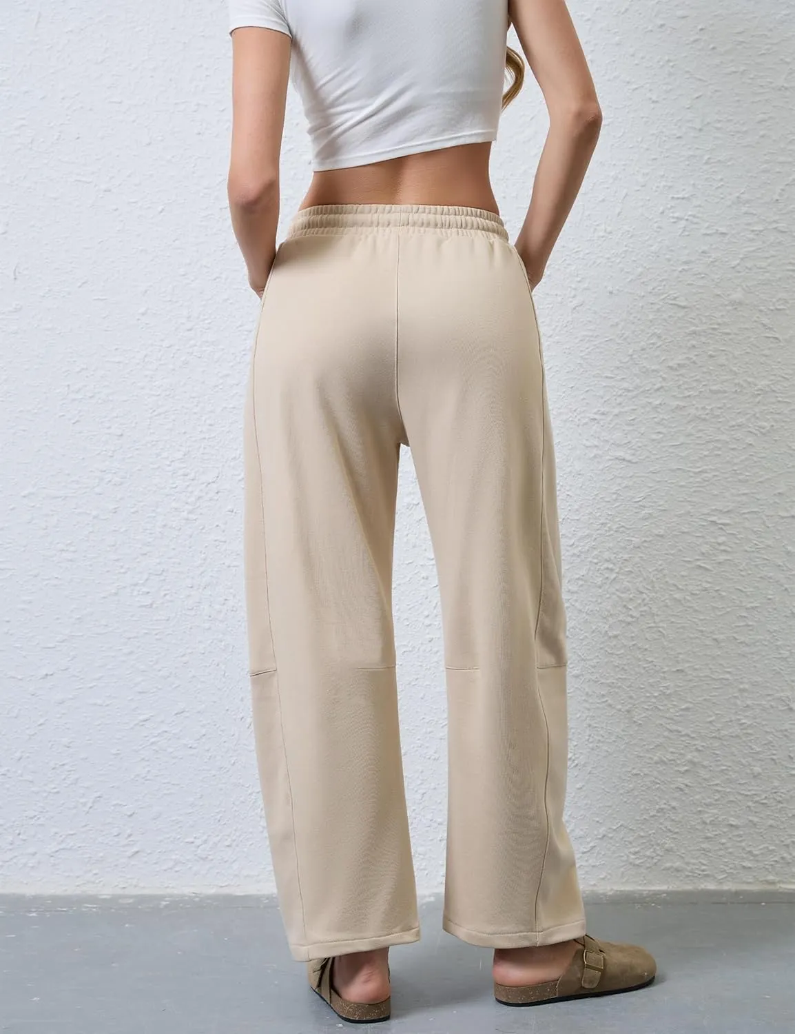 Hongsui Women's Barrel Leg Pants Elasticated Waistband Soft Wide Leg Pants with Pockets Casual Sweatpants
