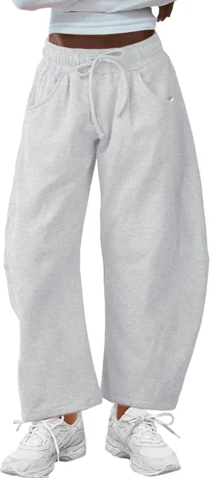 Hongsui Women's Barrel Leg Pants Elasticated Waistband Soft Wide Leg Pants with Pockets Casual Sweatpants