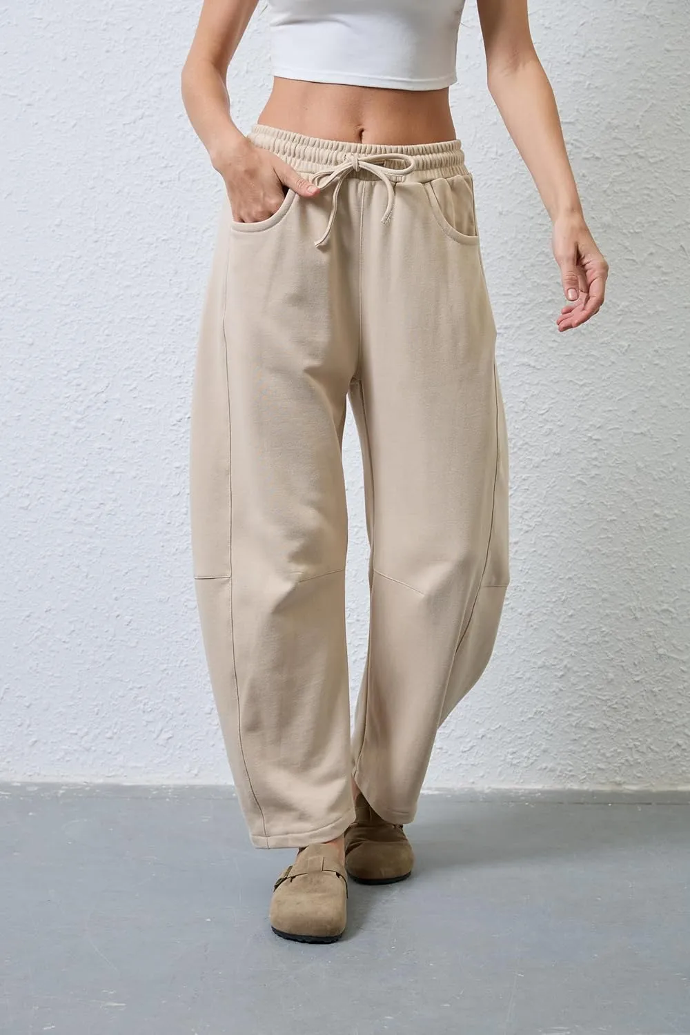 Hongsui Women's Barrel Leg Pants Elasticated Waistband Soft Wide Leg Pants with Pockets Casual Sweatpants