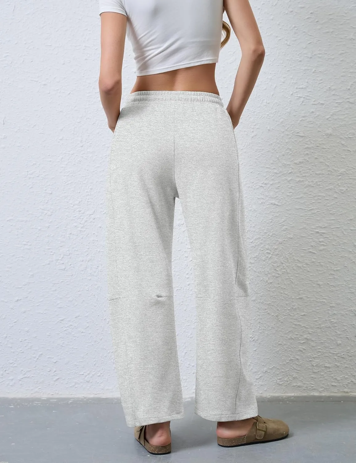 Hongsui Women's Barrel Leg Pants Elasticated Waistband Soft Wide Leg Pants with Pockets Casual Sweatpants