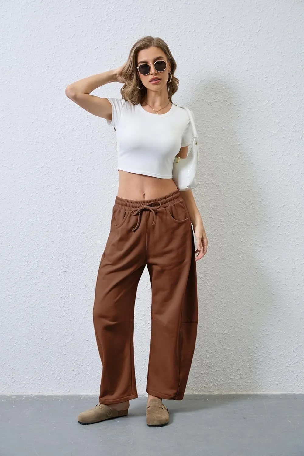 Hongsui Women's Barrel Leg Pants Elasticated Waistband Soft Wide Leg Pants with Pockets Casual Sweatpants