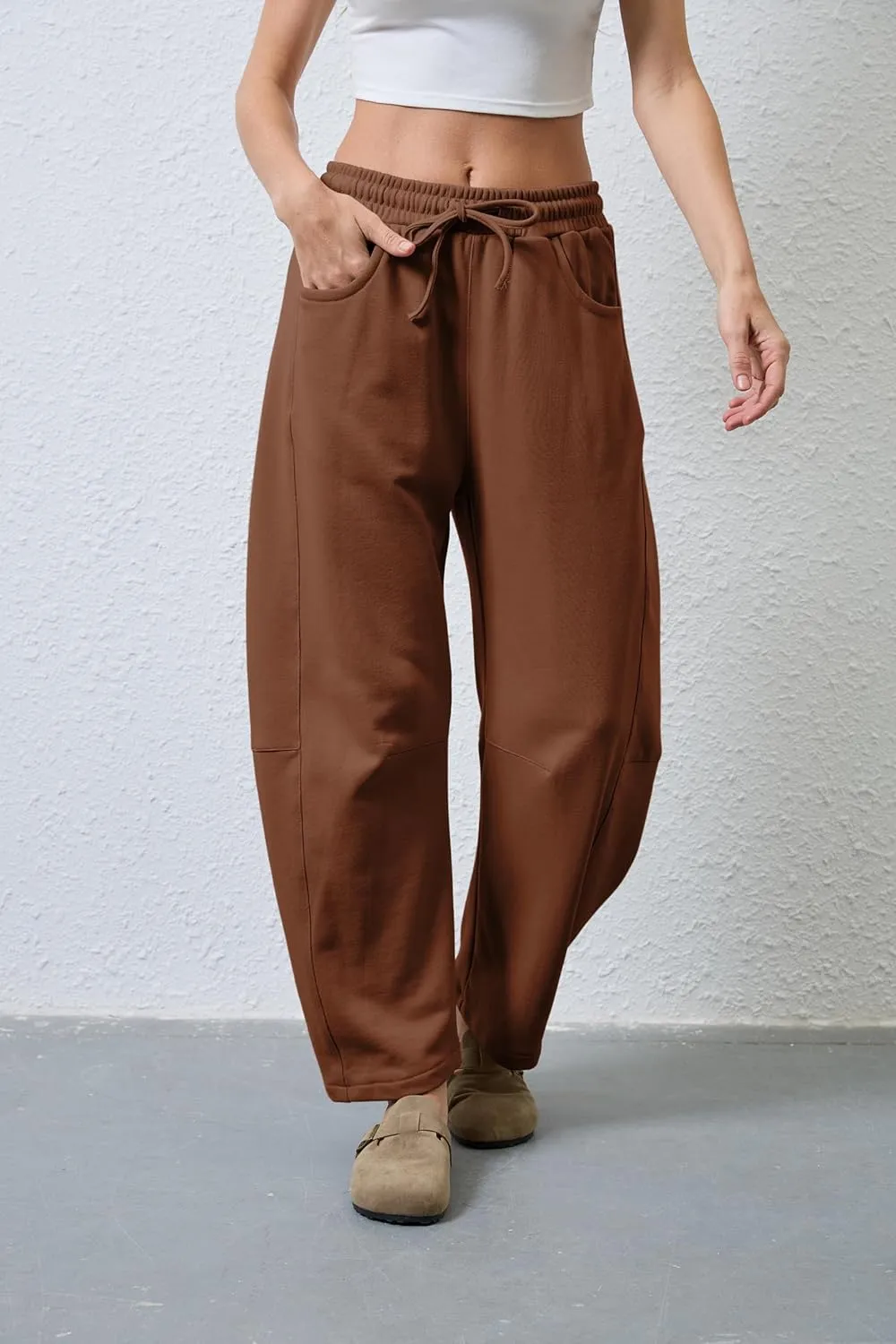 Hongsui Women's Barrel Leg Pants Elasticated Waistband Soft Wide Leg Pants with Pockets Casual Sweatpants