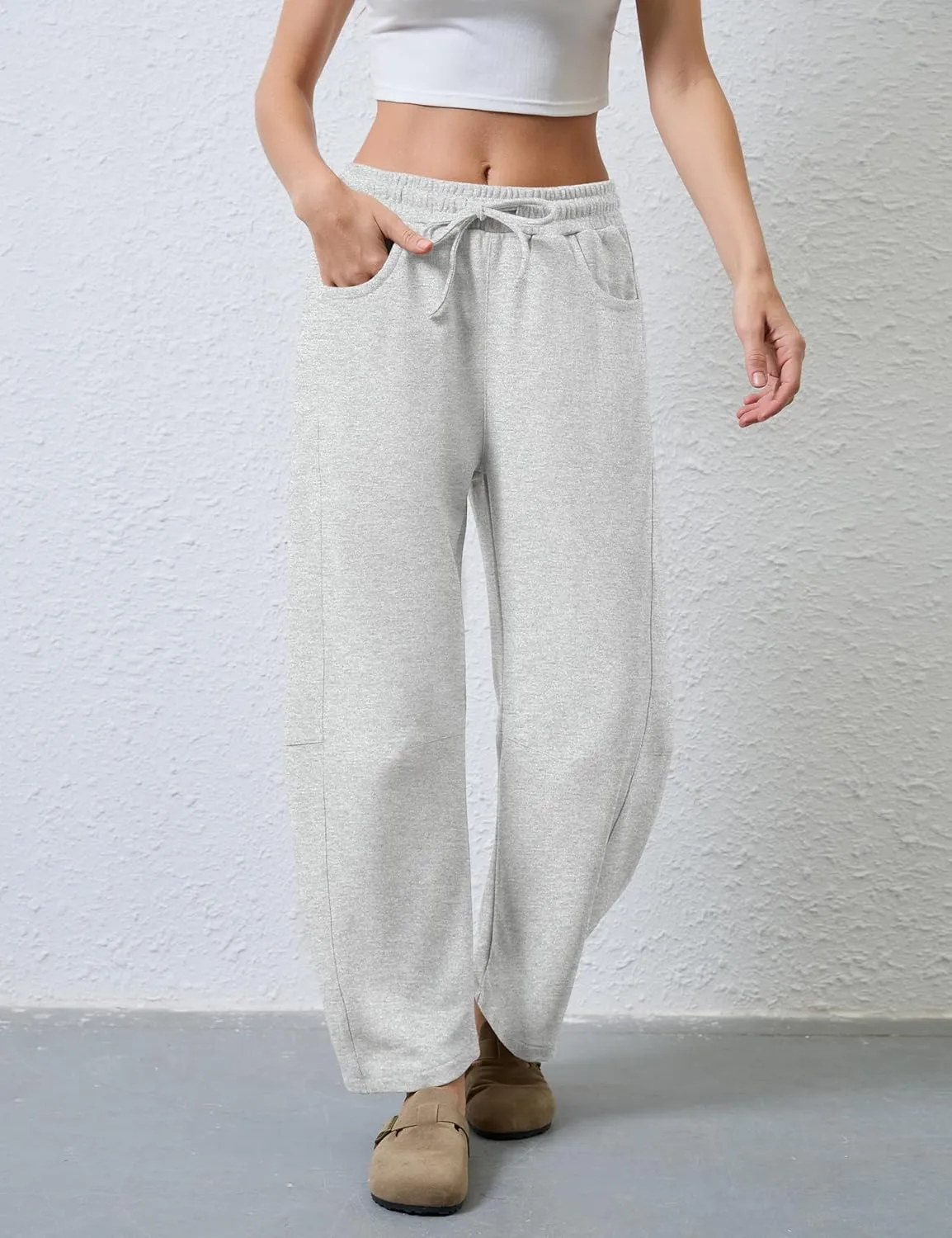 Hongsui Women's Barrel Leg Pants Elasticated Waistband Soft Wide Leg Pants with Pockets Casual Sweatpants