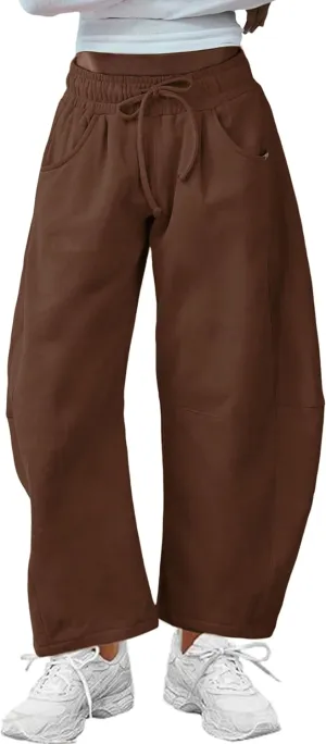Hongsui Women's Barrel Leg Pants Elasticated Waistband Soft Wide Leg Pants with Pockets Casual Sweatpants