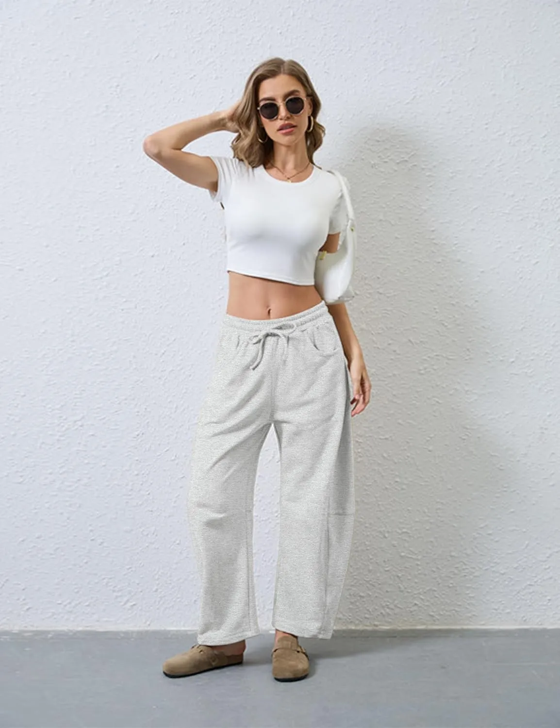 Hongsui Women's Barrel Leg Pants Elasticated Waistband Soft Wide Leg Pants with Pockets Casual Sweatpants