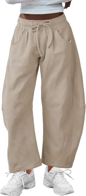 Hongsui Women's Barrel Leg Pants Elasticated Waistband Soft Wide Leg Pants with Pockets Casual Sweatpants