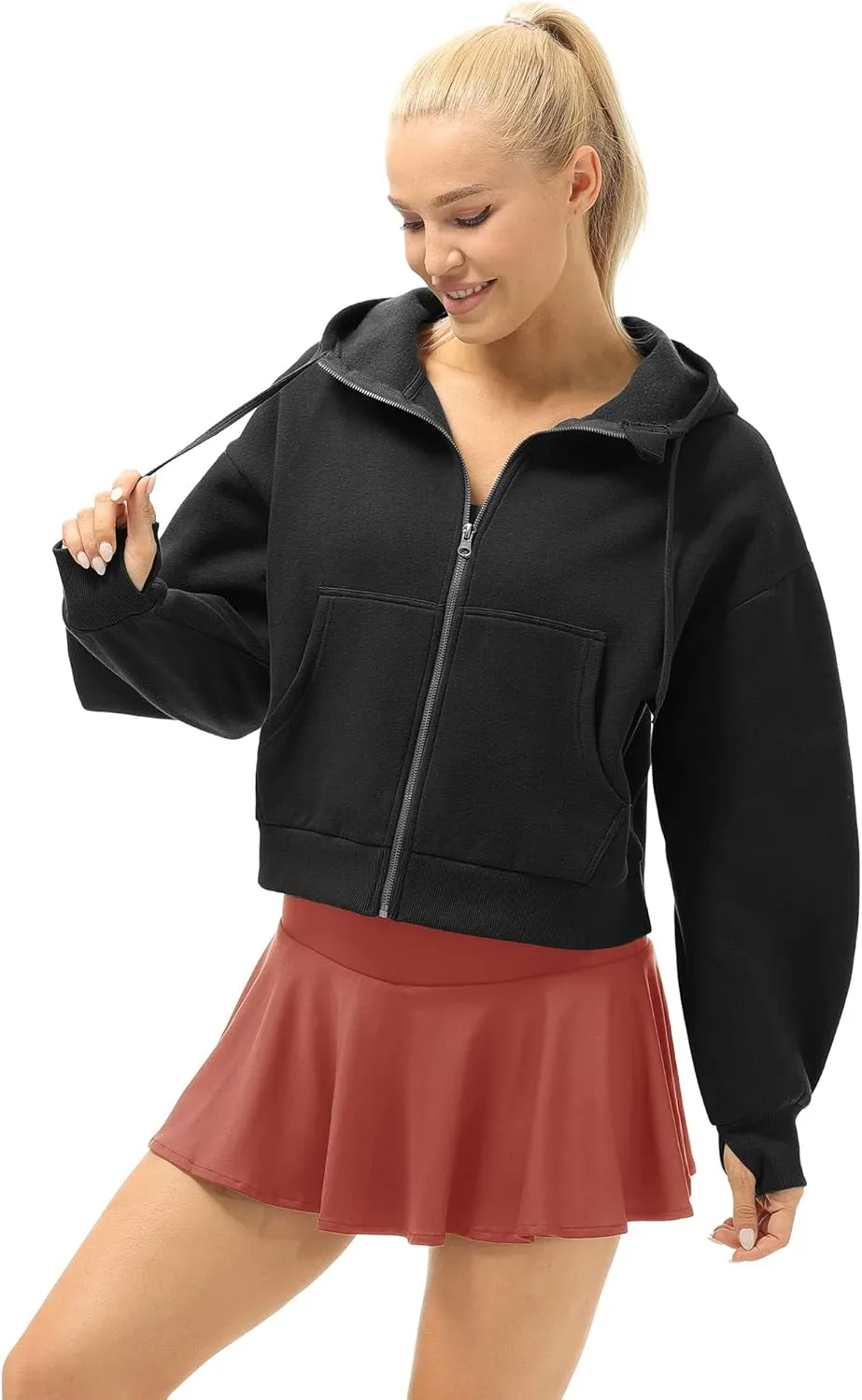 icyzone Fleece Lined Zip Up Jackets for Women with Pockets and Thumb Holes, Oversized Athletic Hoodie Sweatshirt