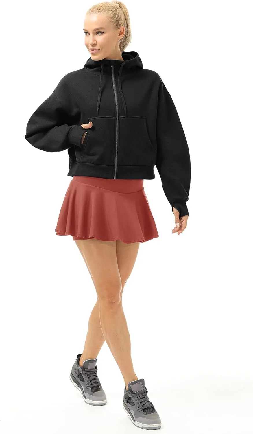 icyzone Fleece Lined Zip Up Jackets for Women with Pockets and Thumb Holes, Oversized Athletic Hoodie Sweatshirt