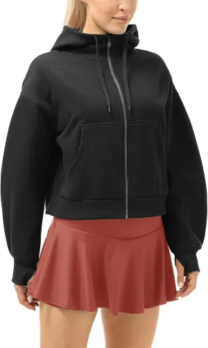 icyzone Fleece Lined Zip Up Jackets for Women with Pockets and Thumb Holes, Oversized Athletic Hoodie Sweatshirt