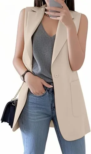 IDEALSANXUN Womens Long Vest Sleeveless Blazer Dressy Spring Summer Suit Jackets