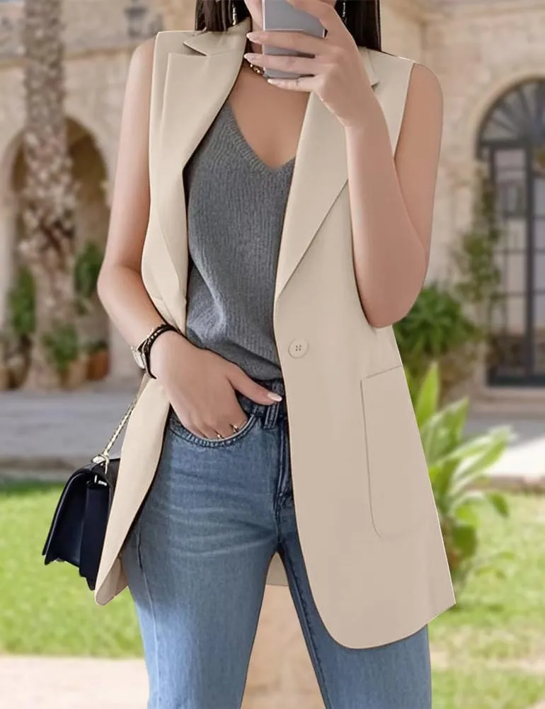 IDEALSANXUN Womens Long Vest Sleeveless Blazer Dressy Spring Summer Suit Jackets
