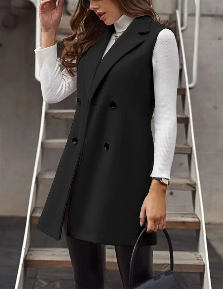 IDEALSANXUN Womens Long Wool Vest Fall Winter Sleeveless Blazer Jackets Double Breasted Trench Coats