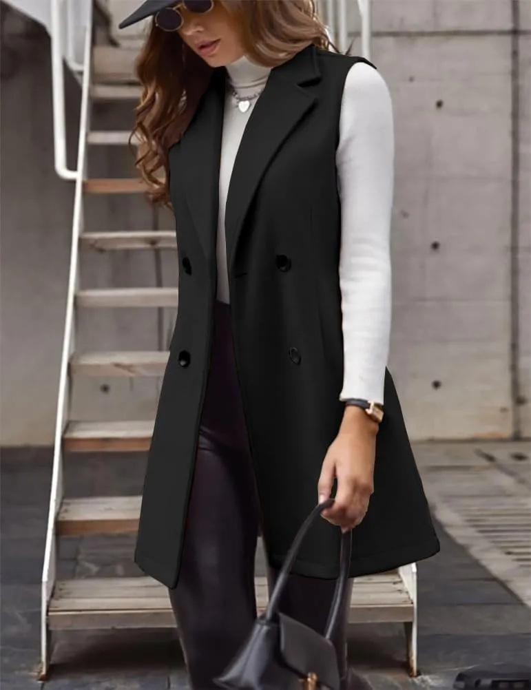 IDEALSANXUN Womens Long Wool Vest Fall Winter Sleeveless Blazer Jackets Double Breasted Trench Coats