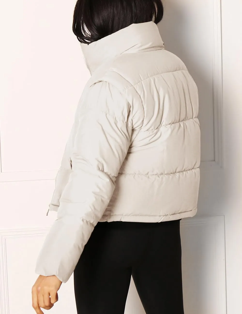 Imily Bela Women's Winter Puffer Down Jacket Stand Collar Cropped Vest with Detachable Sleeves