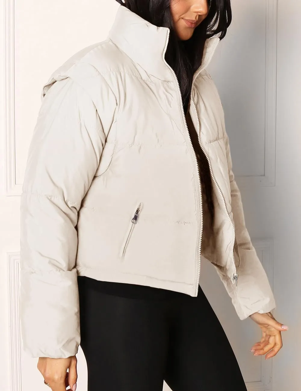 Imily Bela Women's Winter Puffer Down Jacket Stand Collar Cropped Vest with Detachable Sleeves