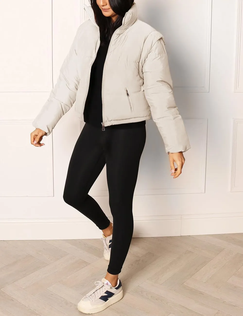 Imily Bela Women's Winter Puffer Down Jacket Stand Collar Cropped Vest with Detachable Sleeves