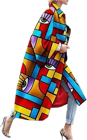 iQKA Women's Long Trench Jacket Winter Warm Coat Plus Size Vintage Floral Printed Pocket Outerwear Cardigan Overcoat S-5XL