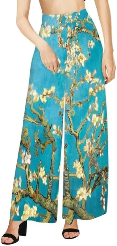 Irisjudy Women Casual High Waisted Palazzo Pants Van Gogh Art, Boho Peacock Comfy Wide Leg Pants Soft Pjs for Women Oversized