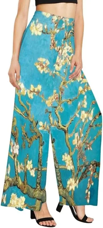 Irisjudy Women Casual High Waisted Palazzo Pants Van Gogh Art, Boho Peacock Comfy Wide Leg Pants Soft Pjs for Women Oversized