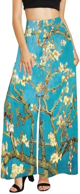 Irisjudy Women Casual High Waisted Palazzo Pants Van Gogh Art, Boho Peacock Comfy Wide Leg Pants Soft Pjs for Women Oversized
