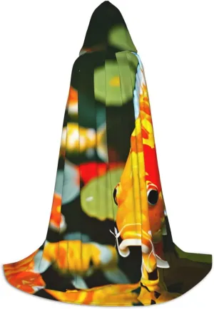 Japanese Pretty Koi Fish Hooded Cloak Coat Winter Warm Long Cloak Cosplay Costumes Outerwear Carnivals Hoodies Capes
