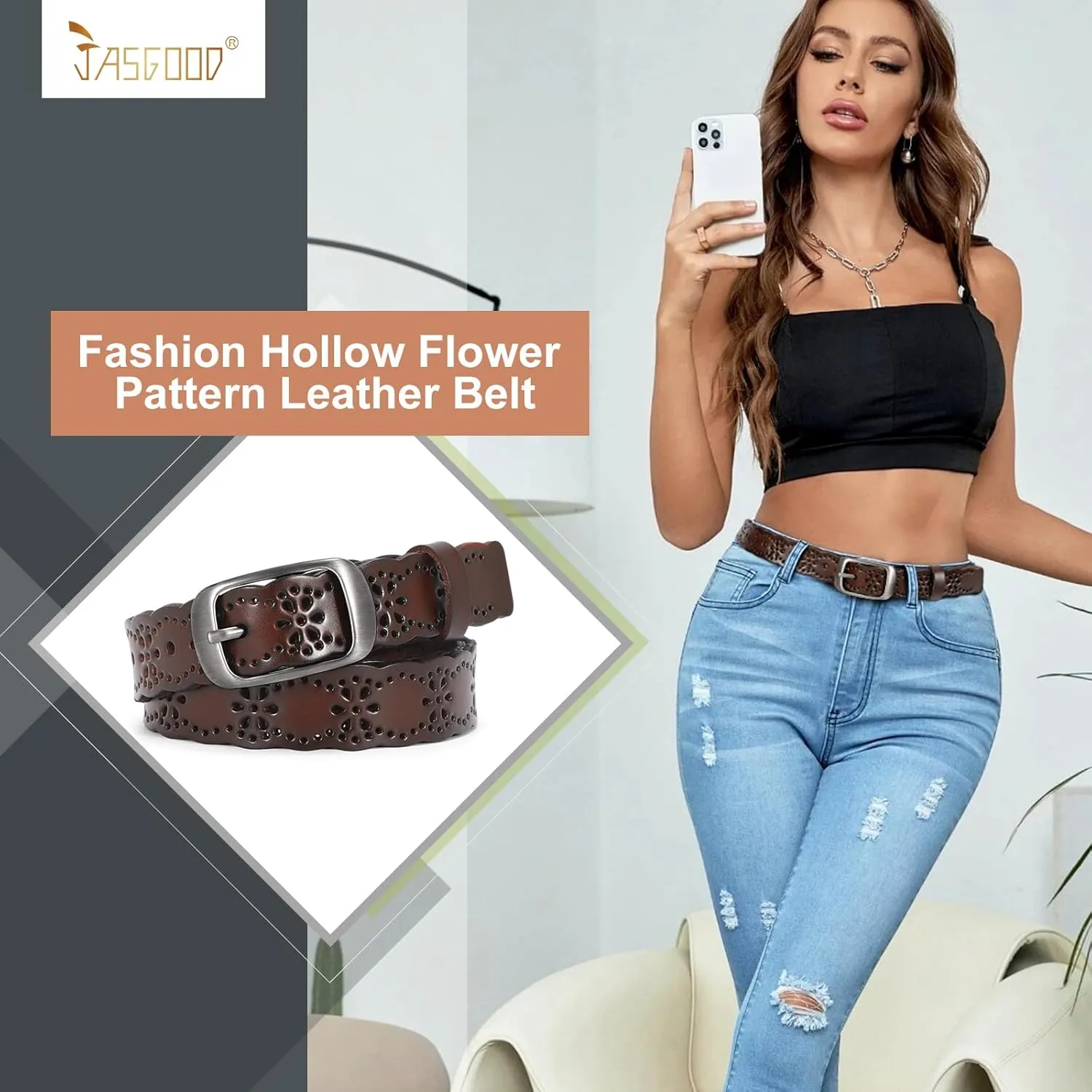 JASGOOD Women Hollow Flower Leather Belt for Jeans Pants Soft Leather Belt with Solid Pin Buckle