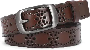 JASGOOD Women Hollow Flower Leather Belt for Jeans Pants Soft Leather Belt with Solid Pin Buckle