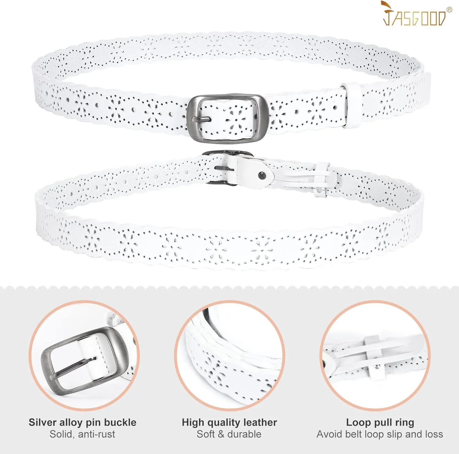 JASGOOD Women Hollow Flower Leather Belt for Jeans Pants Soft Leather Belt with Solid Pin Buckle